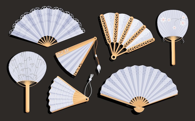 Vector abanicos plegables japoneses mano redonda artículos chinos tradicionales decoración objetos de madera uchiwa y sensu atributo geisha conjunto de elementos asiáticos elegantes aislados elementos de ilustración vectorial