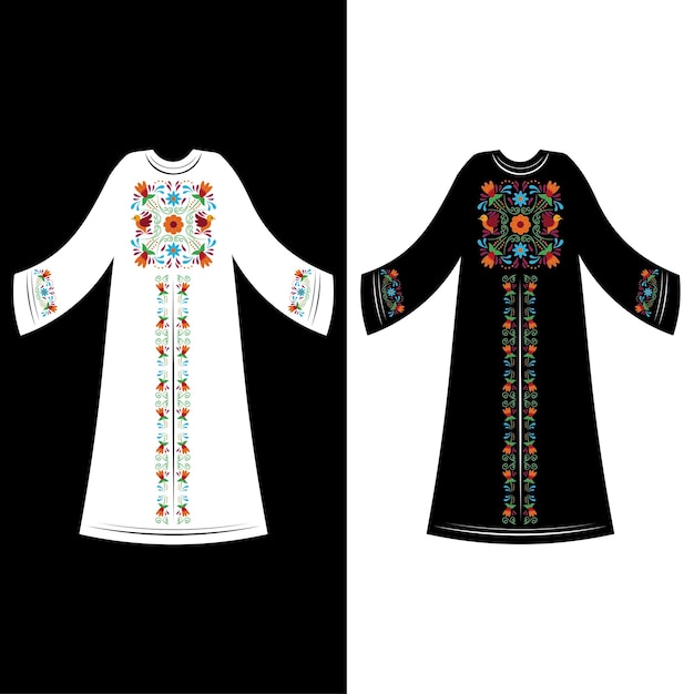 Abaya árabe bordado en blanco y negro en estilo plano. Hiyab musulmán, vestido largo femenino islámico.