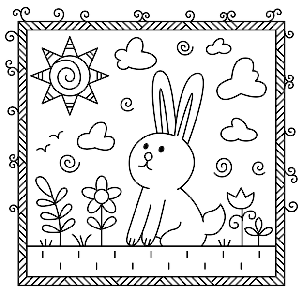 Un abbit se encuentra en un prado con flores El sol brilla desde arriba y las nubes vuelan Ilustración vectorial en blanco y negro para colorear libro