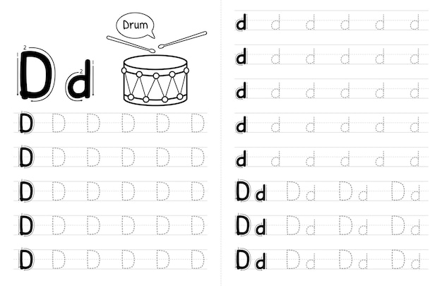 ABC AAlphabets Tracing Book Interior para niños Niños Escribiendo hoja de trabajo con imagen Premium Vector Elements Letra D