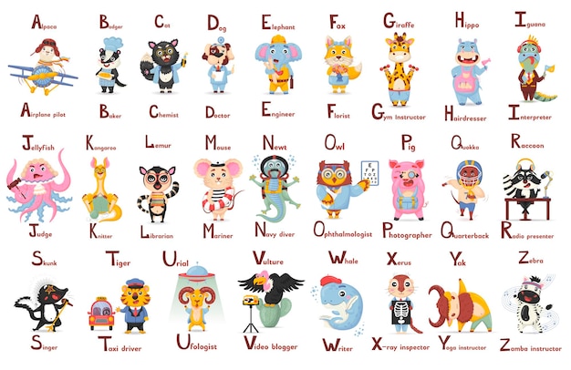 Vector abc alfabeto latino lindo animal profesiones letra a en estilo de dibujos animados plana