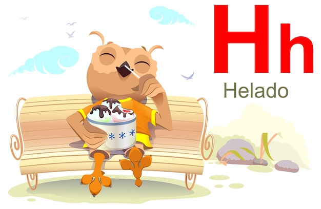 Vector abc letra del alfabeto español helado búho sentarse banco y comer helado vector ilustración de dibujos animados