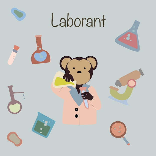 El ABC de las profesiones.Asistente de laborant Monkey.Alrededor del microscopio,tubos de ensayo,matraces,lupa