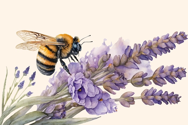 Una abeja acuarela sobre una flor de lavanda.