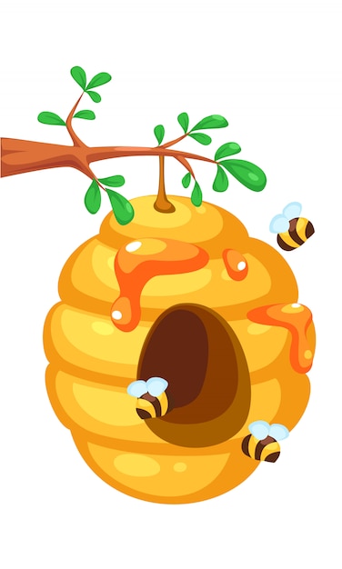 Vector abeja colmena en dibujos animados de árbol