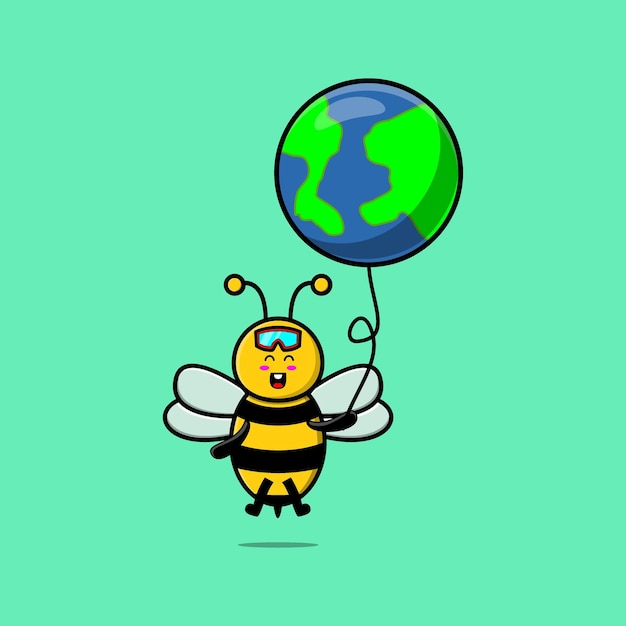 Abeja de dibujos animados lindo flotando con ilustración de vector de dibujos animados de globo de mundo