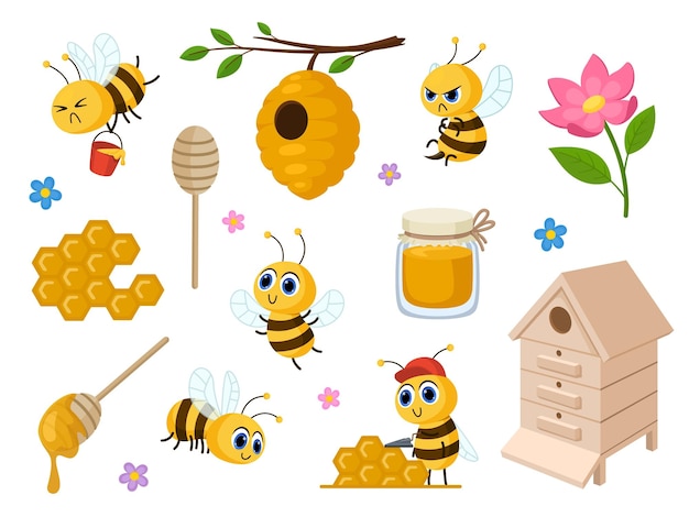 Abeja de dibujos animados y miel personajes dulces aislados para niños Abejas lindas de nido de abeja y tarro de dulces saludables Conjunto de vectores chillones