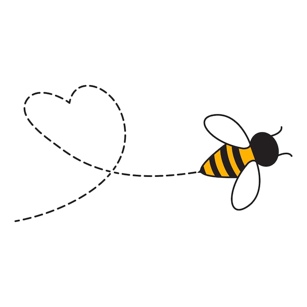 Abeja de dibujos animados volando líneas punteadas en un corazón