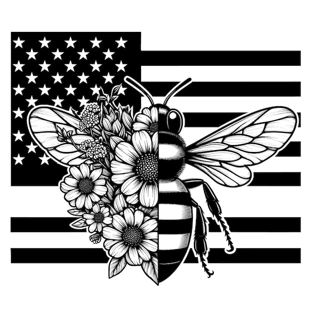 La abeja divertida mitad con flores la bandera de Estados Unidos archivos vectoriales la abeja regalo con flores archivos divertidos vectoriales las abejas reinas
