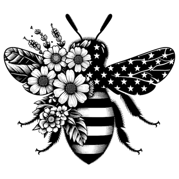 La abeja divertida mitad con flores la bandera de Estados Unidos archivos vectoriales la abeja regalo con flores archivos divertidos vectoriales las abejas reinas