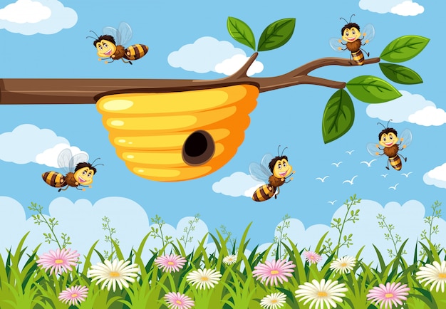 Vector abeja en el fondo de la naturaleza