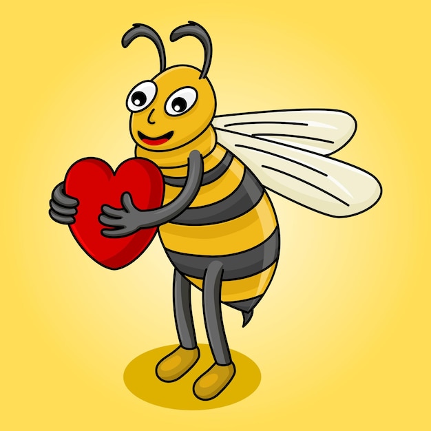 Abeja linda amarilla que lleva una ilustración del vector del corazón