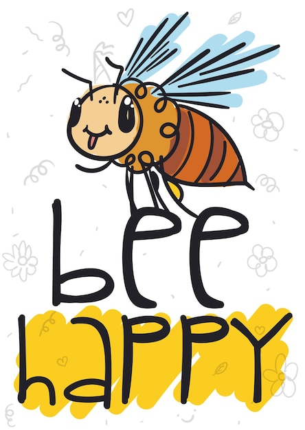Abeja linda con dibujos divertidos deseándote felicidad Ilustración vectorial