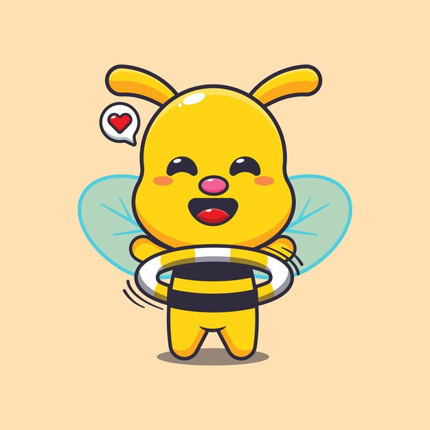 Una abeja linda jugando al hula hoop. Ilustración vectorial de dibujos animados.