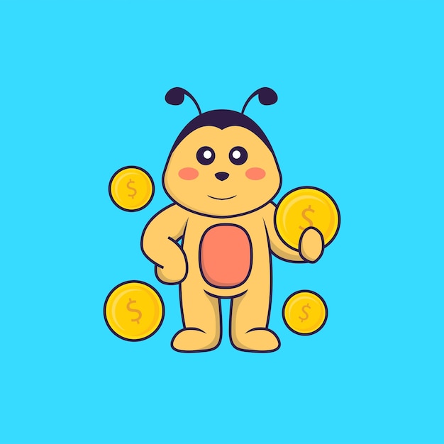 Abeja linda con moneda. Concepto de dibujos animados de animales aislado.