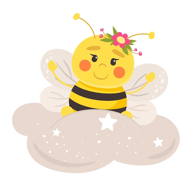 Abeja linda en una nube. ilustración en estilo plano.