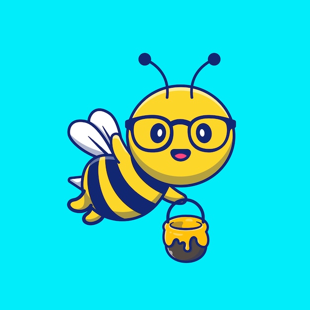 Abeja linda que sostiene el tarro de Honey Cartoon Illustration.