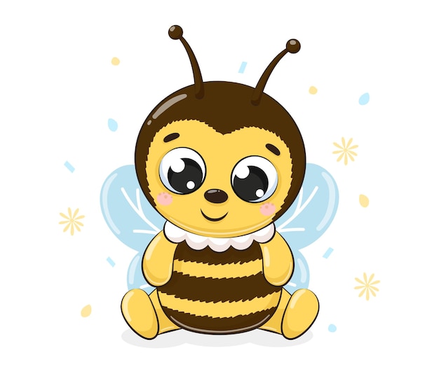 Abeja linda se sienta y sonríe. Ilustración de vector de dibujos animados.