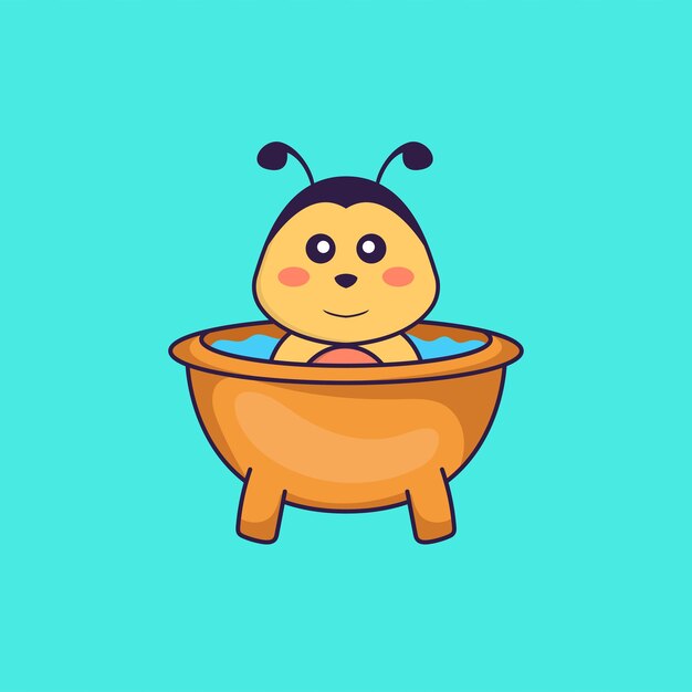 Abeja linda tomando un baño en la bañera. Concepto de dibujos animados de animales aislado.