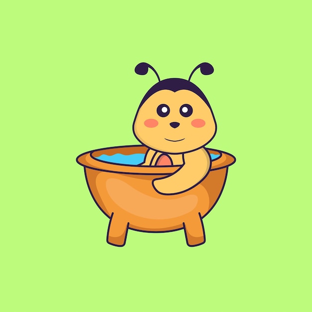 Abeja linda tomando un baño en la bañera. Concepto de dibujos animados de animales aislado.