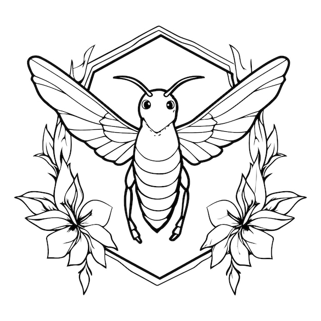 Vector abeja de miel con flores ilustración vectorial en blanco y negro para libro de colorear