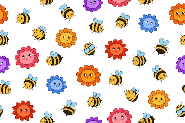 Abeja miel flores retro dibujos animados de patrones sin fisuras abeja insectos personajes divertido fondo sin fin