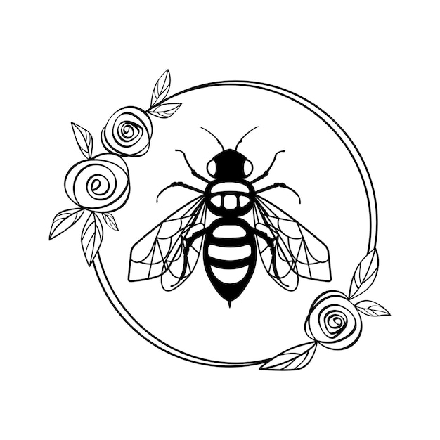 Vector abeja de miel en marco de flores marco floral redondo hecho de rosa y hojas archivo svg de corte bumblebee