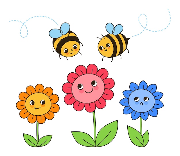 Vector abeja miel personajes flores dibujos animados retro ilustración cómics abeja insecto caras divertidas diseño