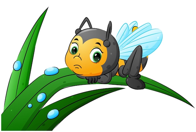 La abeja triste está acostada sobre la hoja con el adorno de gota de agua de la ilustración