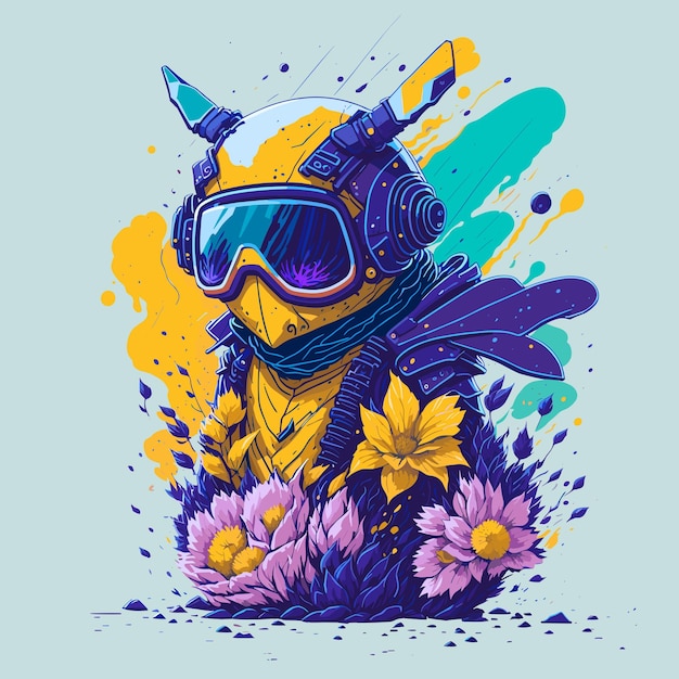 Vector abeja voladora futurista con flores y gafas de sol sobre fondo limpio abeja de miel vectorial vintage