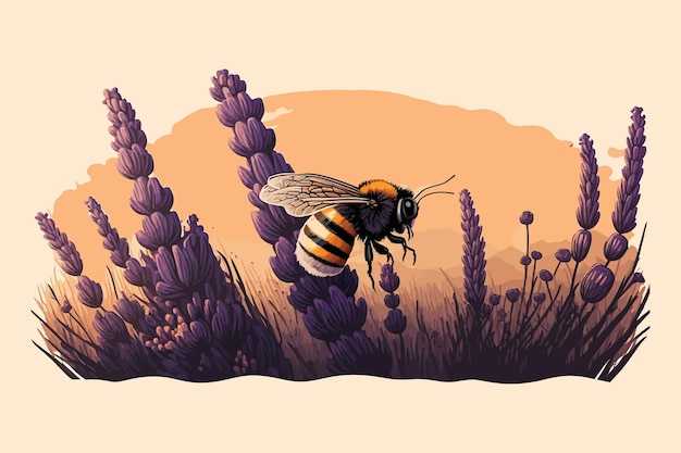 Una abeja vuela sobre flores de lavanda en un campo