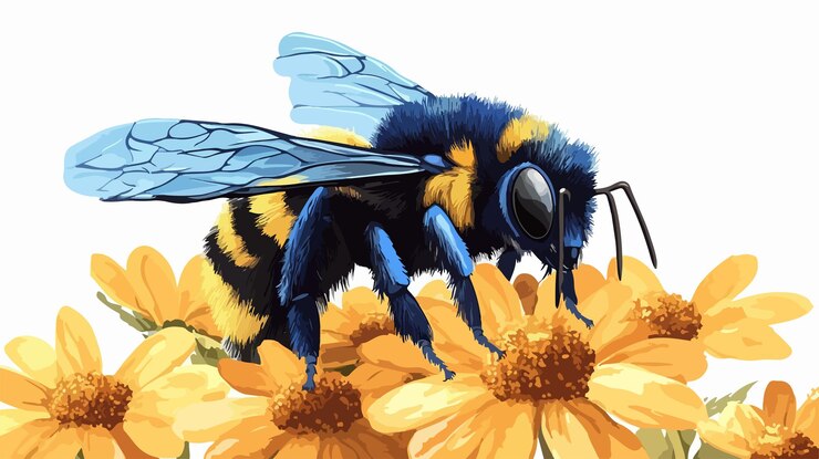 Vector las abejas azules y negras vibrantes se posan en la flor amarilla