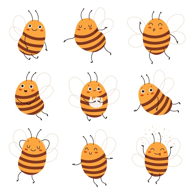 abejas de dibujos animados lindos personajes divertidos abejas melíferas diferentes posturas y emociones positivas bonito insecto a rayas con alas transparentes y frasco de miel niños adorables garabatos insectos vector aislado conjunto