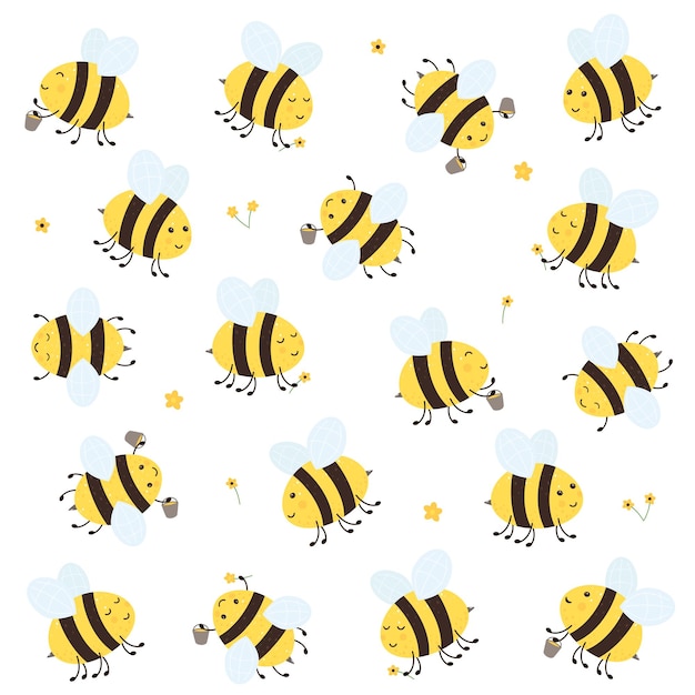 Abejas felices de dibujos animados con miel y flores aisladas en la ilustración de fondo blanco