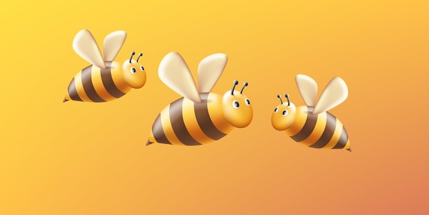 Vector abejas voladoras 3d representan una ilustración estilizada de insectos con cuerpos y alas de rayas amarillas y cara con ojos y diseño de personajes de antenas