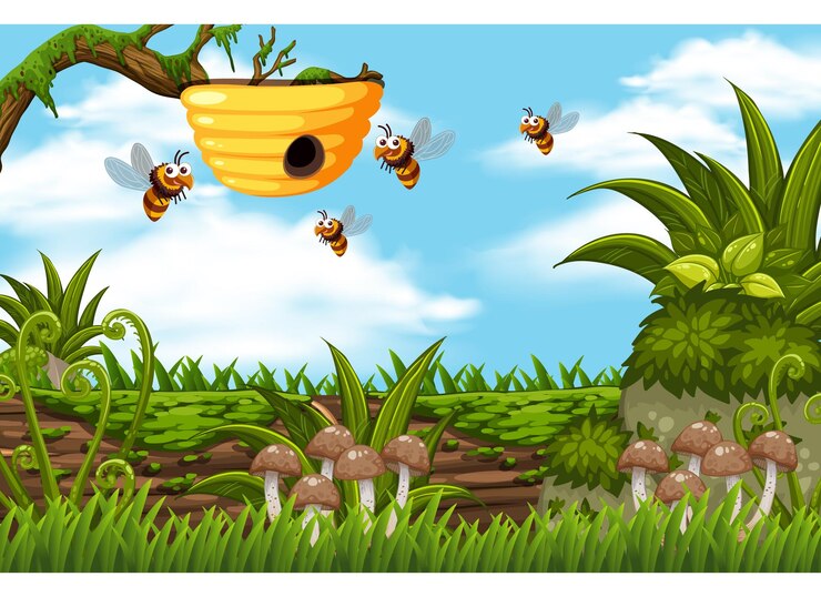 Las abejas vuelan alrededor de una colmena en un paisaje soleado