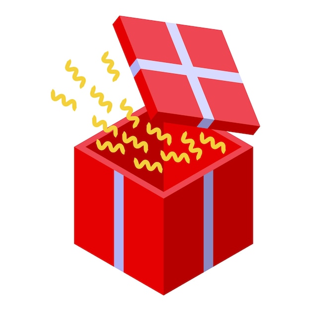 Abertura de la caja de regalos roja con confeti explotando vista isométrica