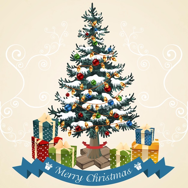 Abeto en la ilustración de vector de tarjeta de Navidad de nieve