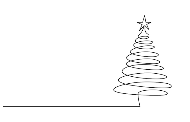 Abeto de una línea Arte lineal Árbol de Navidad Una línea continua mínima Banner de Navidad Esquema