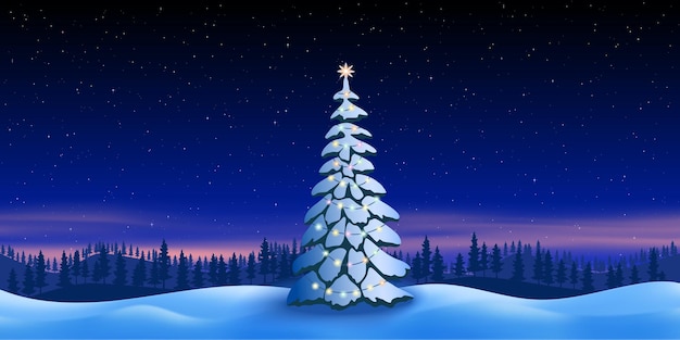 Abeto de Navidad sobre fondo de paisaje invernal, cielo nocturno con estrellas