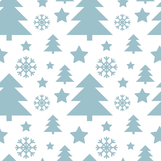 Abetos azules, estrellas y copos de nieve sobre fondo blanco, patrones sin fisuras de navidad monocromo