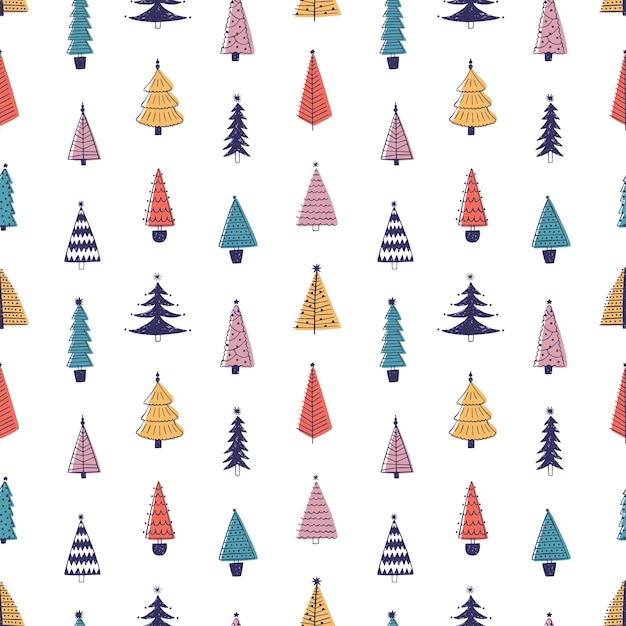 Abetos coloridos dibujados a mano vector de patrones sin fisuras. Árboles de Navidad multicolores sobre fondo blanco. Textura temática abstracta de vacaciones. Papel de regalo navideño, textil floral, diseño de papel tapiz.