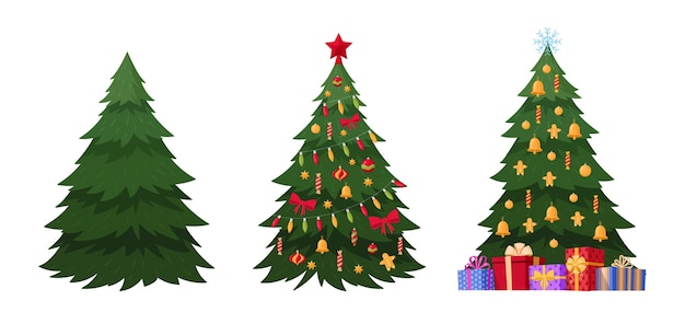 Abetos de navidad dibujos animados decorados árboles de navidad verdes conjunto de ilustración de vector plano de vacaciones de invierno colección de abetos de navidad