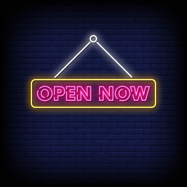 Abierto ahora Vector de texto de estilo de letreros de neón