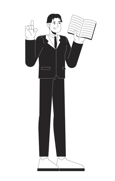 Abogado confiado hombre asiático con libro legal personaje de línea 2D