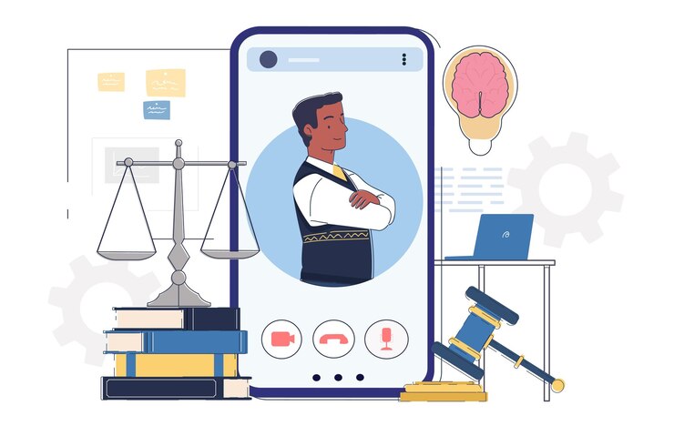 Vector abogado confiado en una pantalla de teléfono inteligente durante una consulta virtual rodeado de símbolos legales
