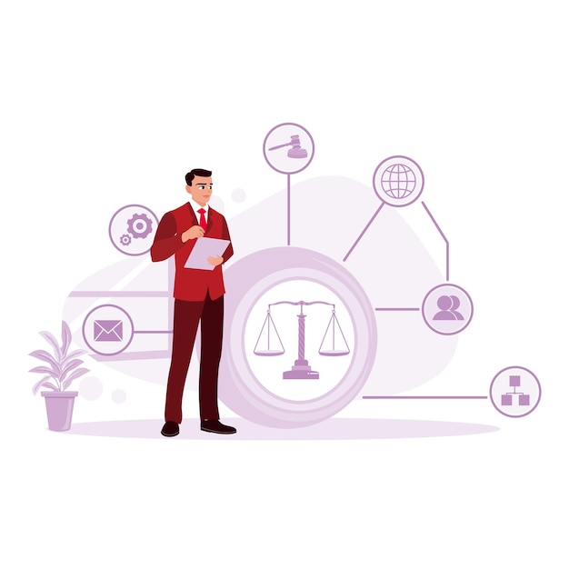 Abogado empresario sosteniendo una tableta digital con iconos de ley Concepto de ley