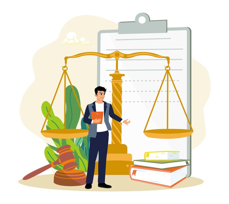 Vector abogado profesional que representa la justicia con balanzas libros legales martillo y documentos