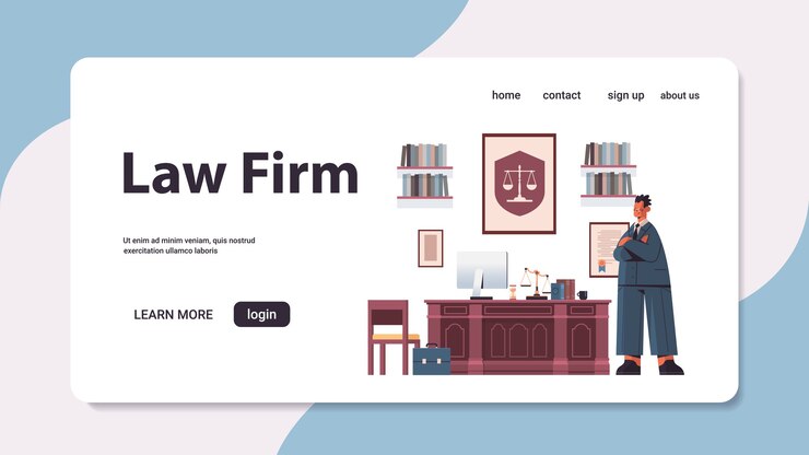 Vector abogado de sexo masculino de pie cerca en el lugar de trabajo asesoramiento legal y concepto de justicia oficina moderna interior de longitud completa página de destino horizontal copia espacio ilustración vectorial