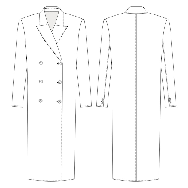 abotonado pecho doble manga larga abrigo largo chaqueta plantilla dibujo técnico boceto plano cad mocku